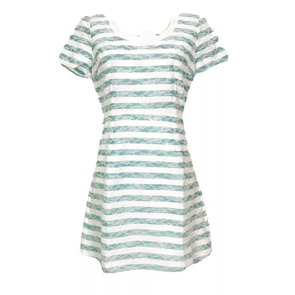 Esley Mint Green White Striped Lace Dress A Line French Buttons Scoop Neck - Picture 1 of 8